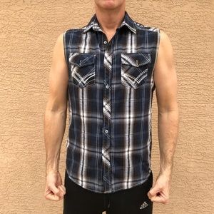 Sleeveless Blue Plaid Design Men’s Button  Shirt